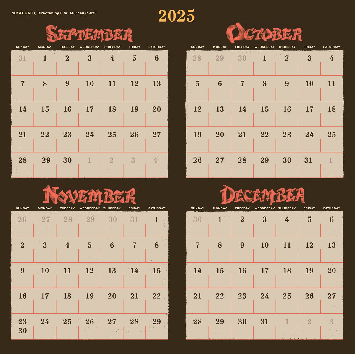Classic Horror Movies 2026 Wall Calendar